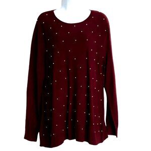 Womens Pull Over Sweater XXL Long Sleeve Beaded Burgundy Crew Neck